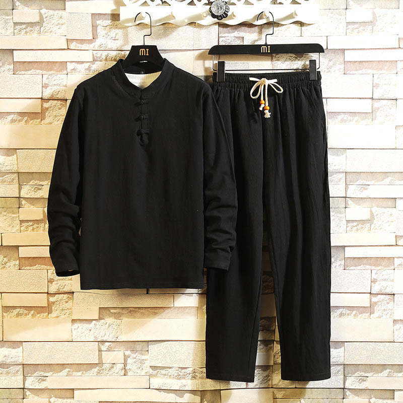 Tang Suit Pure Color Frog-Button Long Sleeve Shirt Pants Cotton Men's Suit