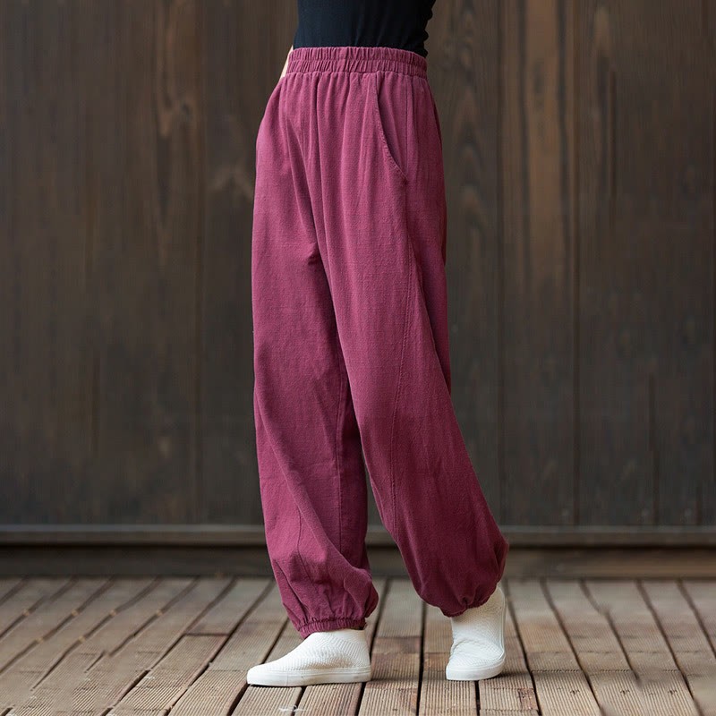Casual Solid Plain Color Carrot Elastic Waistband Cotton Ramie Women's Pants With Pockets