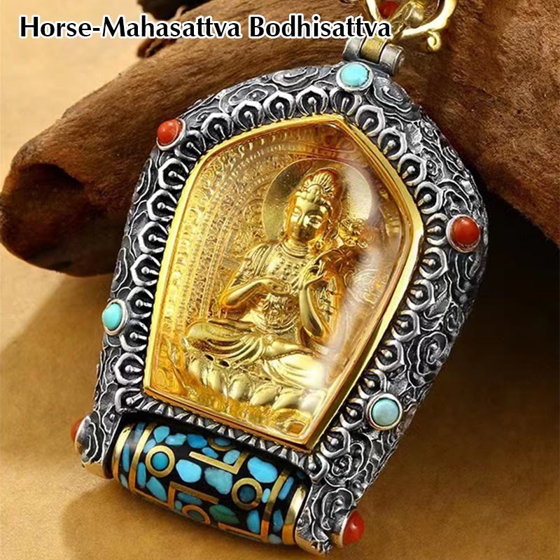 Tibet Chinese Zodiac Natal mystic zen Thangka Prosperity Rotatable Dzi Bead Necklace Pendant