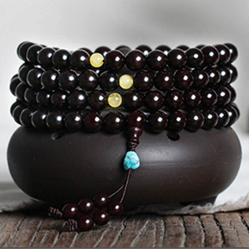 108 Mala Beads 4.8 Stars With Gold Star Indian Small Leaf Red Sandalwood Amber Turquoise Chinese Knotting Blessing Bracelet