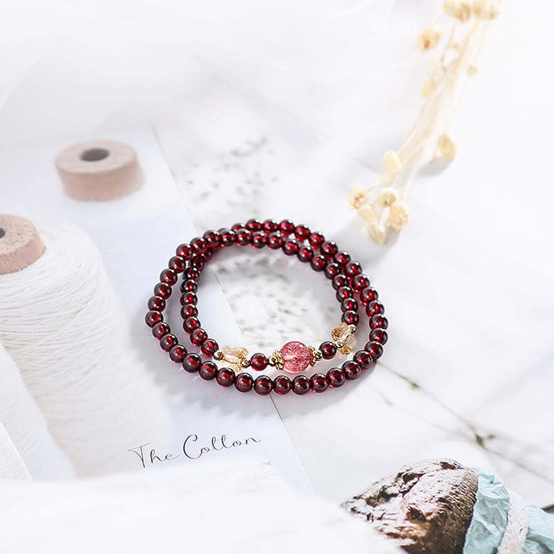 14K Gold Plated Natural Garnet Strawberry Quartz Butterfly Protection Double Wrap Bracelet