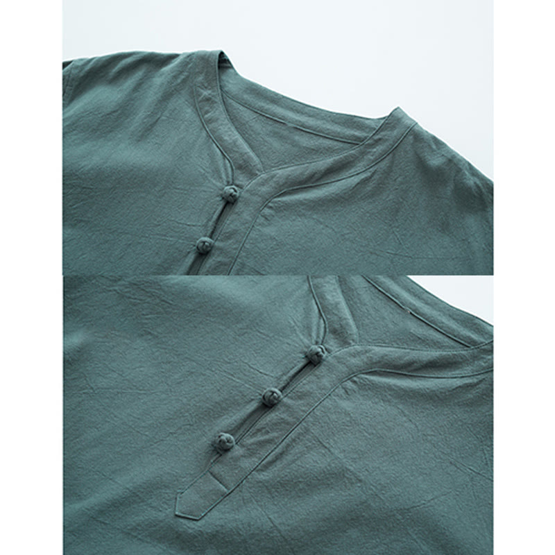 Solid Color Traditional Cotton Linen Short Sleeve T-shirt Pants Clothing Men's Set