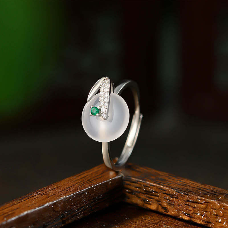 Chalcedony Bamboo Leaf Pattern Positive Adjustable Ring