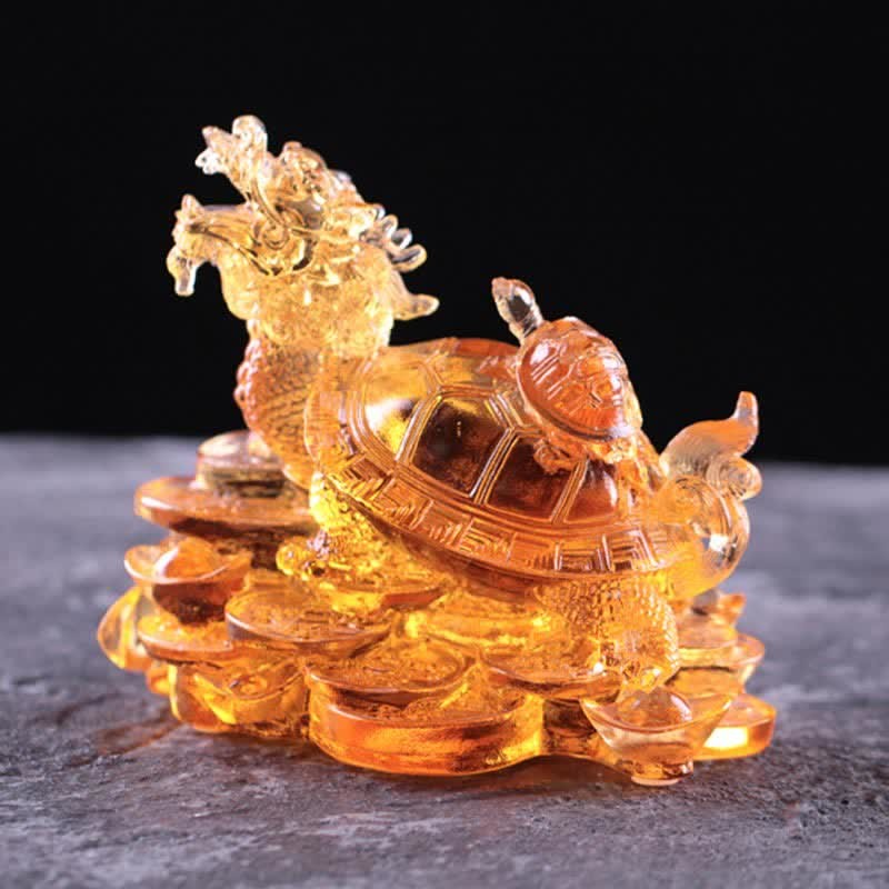 Feng Shui Dragon Turtle Coins Handmade Liuli Crystal Luck Art Piece Home Office Decoration