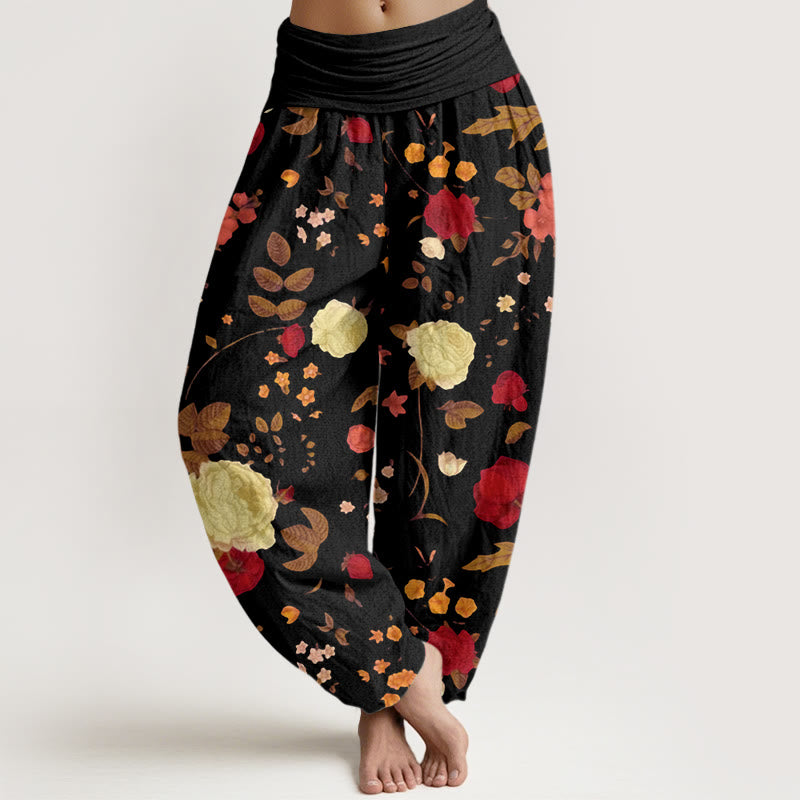 Rose Flowers Leaves Totem Pattern Women's Elastic Waist Harem Pants
