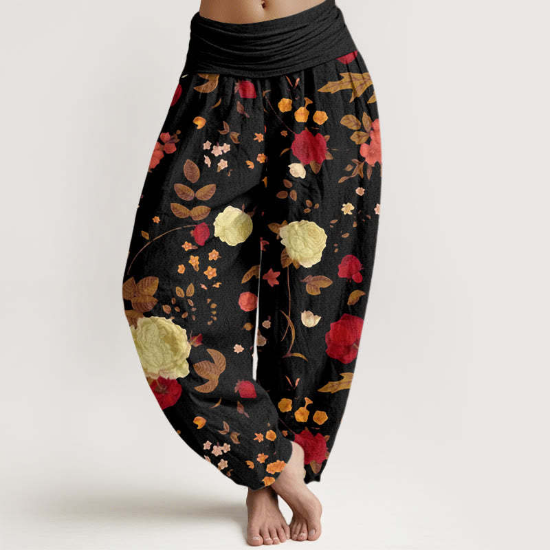 Rose Flowers Leaves Totem Pattern Women's Elastic Waist Harem Pants