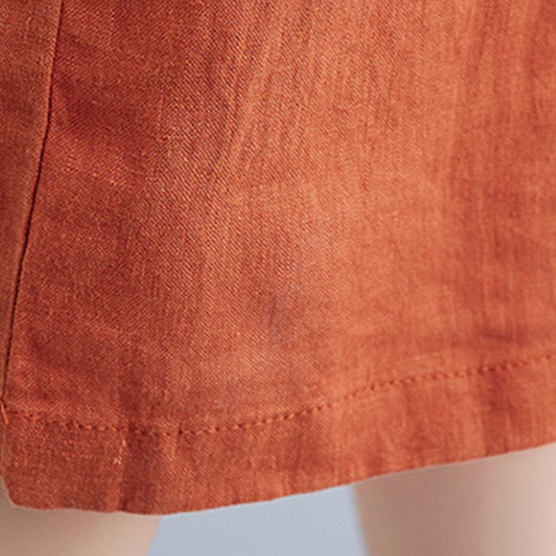 Casual Loose Solid Color Cotton Linen Crew Neck Half Sleeve Design Midi Dress With Pockets