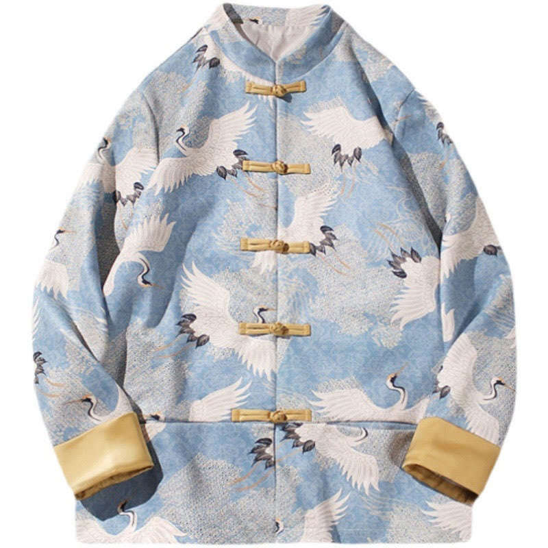 Chinese New Year Clothes White Crane Gold Frog-button Tang Suit Cotton Men's Jacket Shirt With Pockets