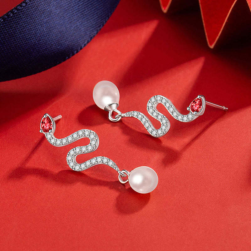 925 Sterling Silver Pearl Year Of The Snake Blessing Earrings