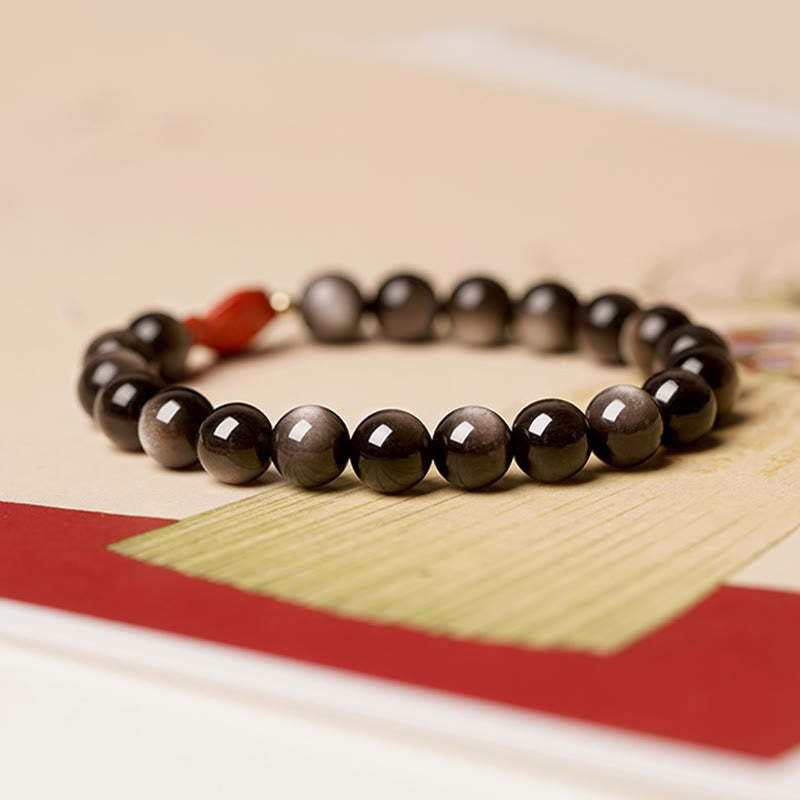Natural Silver Sheen Obsidian Cinnabar Koi Fish Soothing Protection Bracelet