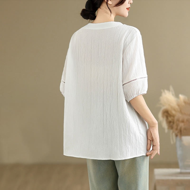 Summer Casual Pure Half Puff Sleeve Half Button V-neck Women's T-Shirt