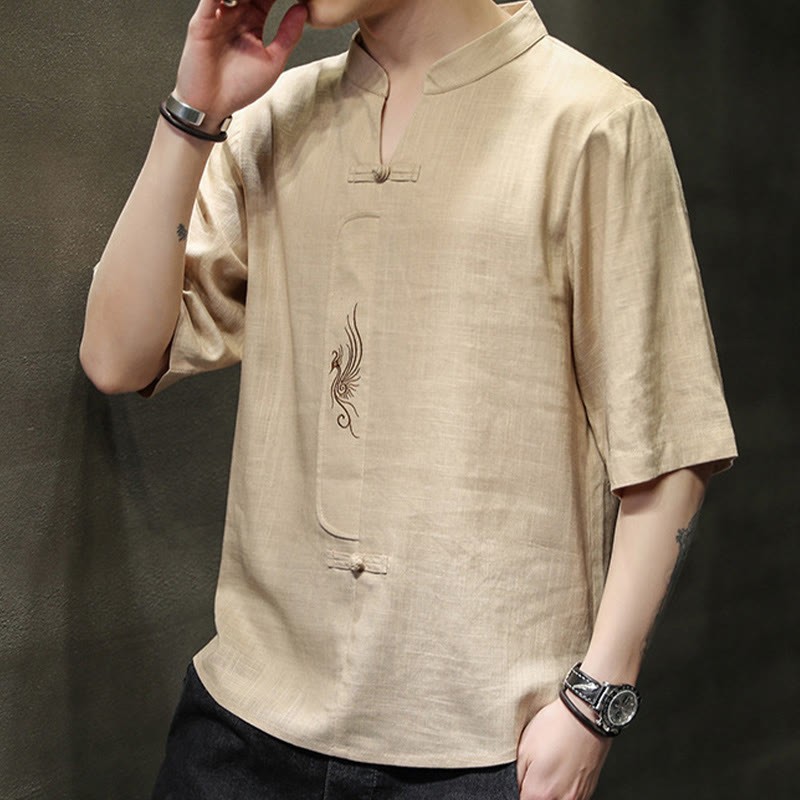Frog-Button Phoenix Embroidery Chinese Tang Suit Short Sleeve Shirt Cotton Linen Men Clothing