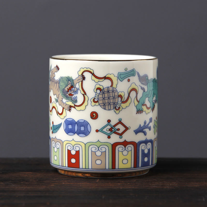 Vintage Plum Blossom Pine Bamboo Phoenix Kirin Lion Dancing Ceramic Teacup Tea Cups