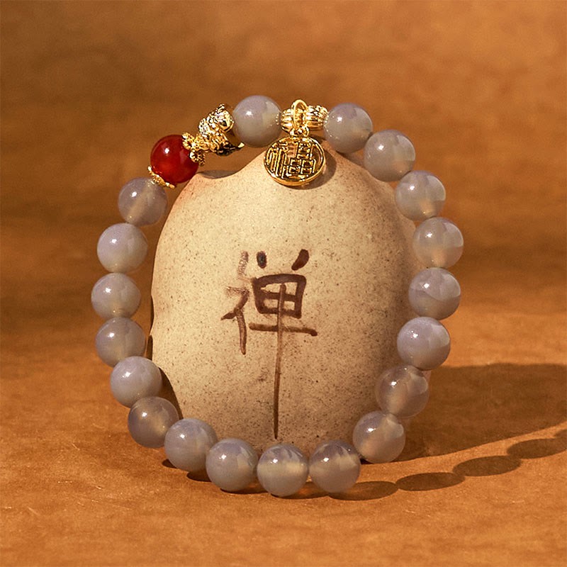 Year Of The Snake Gray Agate Red Agate Fu Character Positivity Bracelet