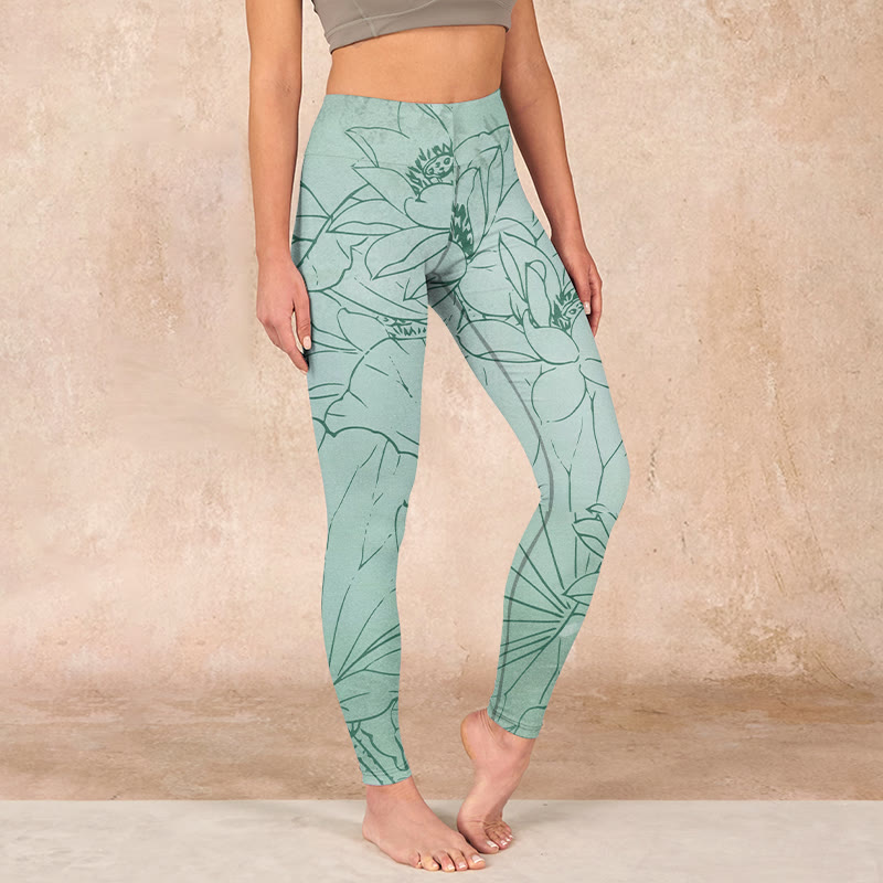 Green Lotus Flower Print Sports Leggings Women's Yoga Pants