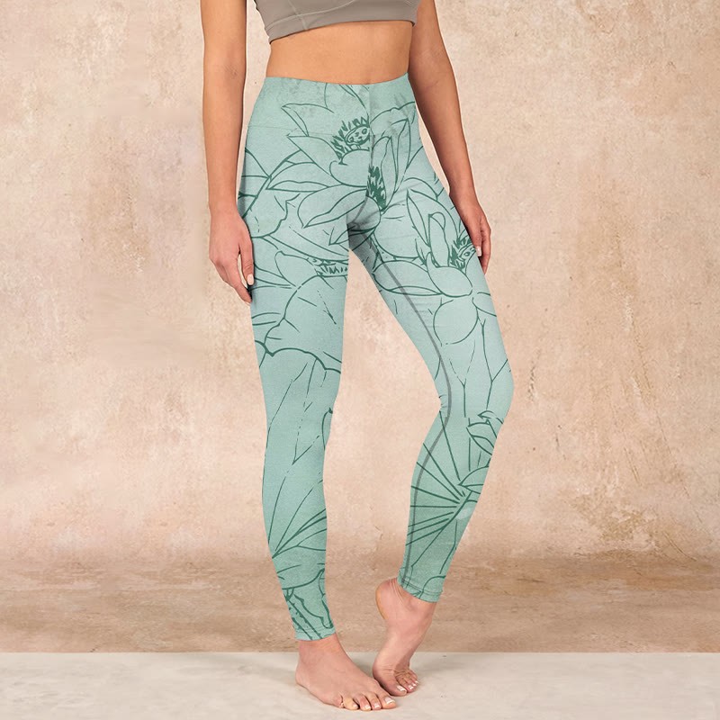 Green Lotus Flower Print Sports Leggings Women's Yoga Pants