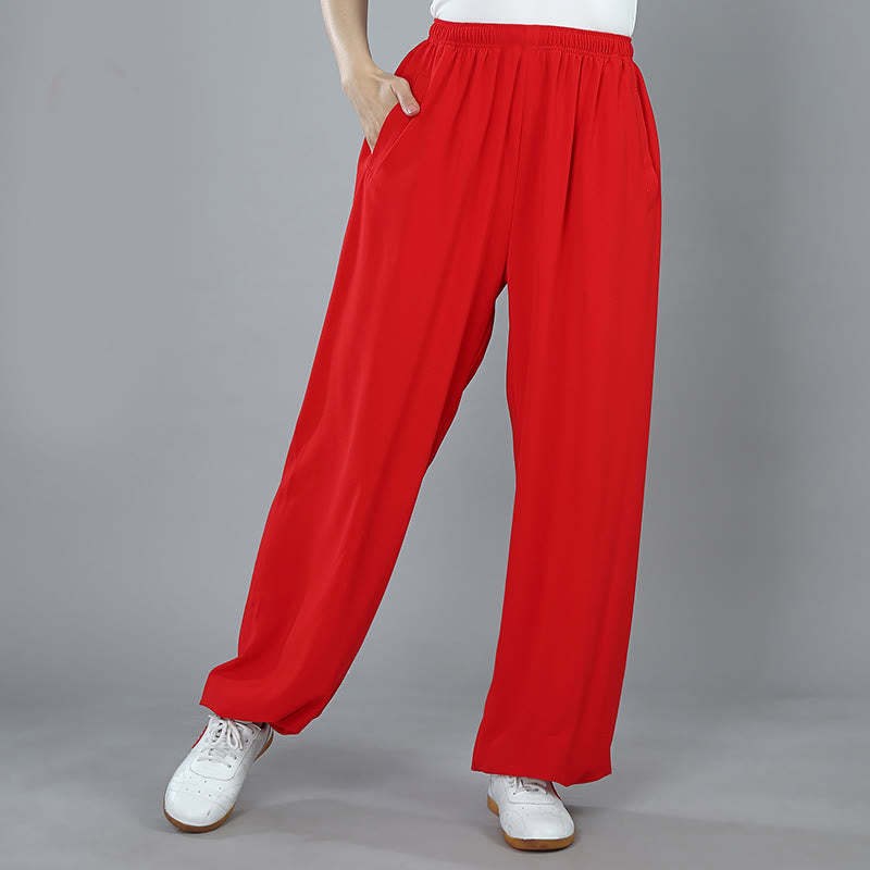 Summer Unisex Elastic Waist Tai Chi Kung Fu Qigong Practice Cotton Breathable Pants With Pockets