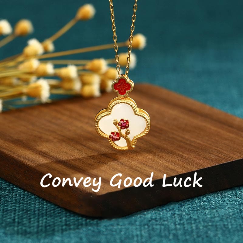 24K Gold Plated White Jade Four Leaf Clover Plum Blossom Luck Necklace Pendant Earrings