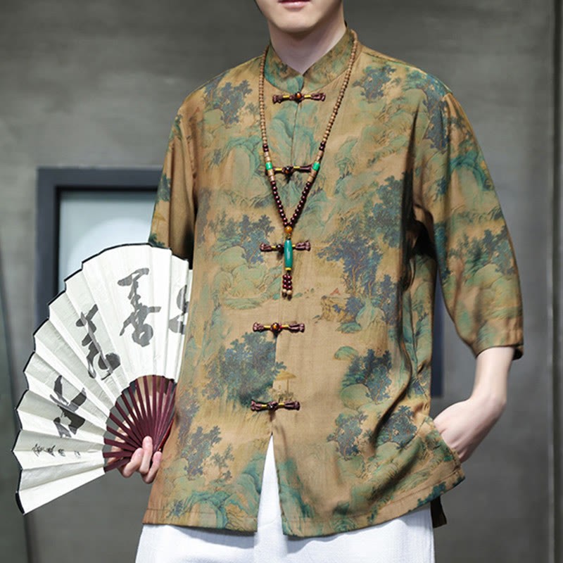 Landscape Chinese Dragon Pattern Chinese Three Quarter Sleeve Shirt Men T-shirt