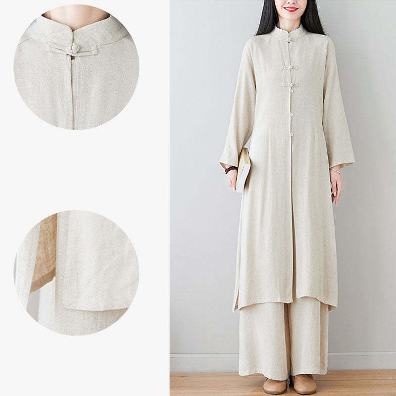 2Pcs Chinese Frog Button Design Zen Tai Chi Meditation Clothing Cotton Linen Top Pants Women's Set