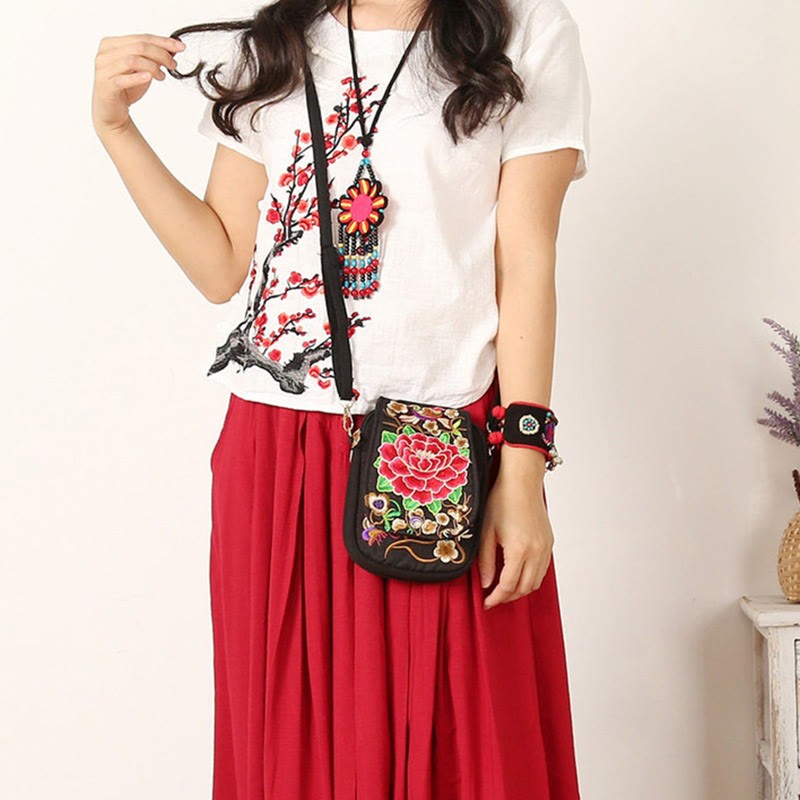 Inula Flower Peony Embroidery Canvas Shopping Purse Handbag Crossbody Bag