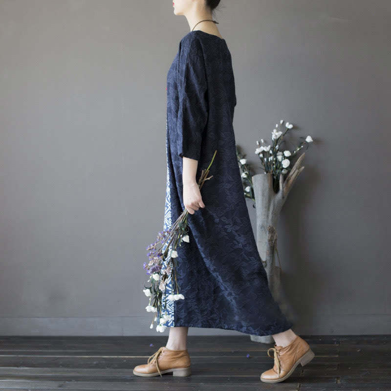 Blue Flowers Embroidery Jacquard Midi Dress Three Quarter Sleeve Cotton Dress With Pockets