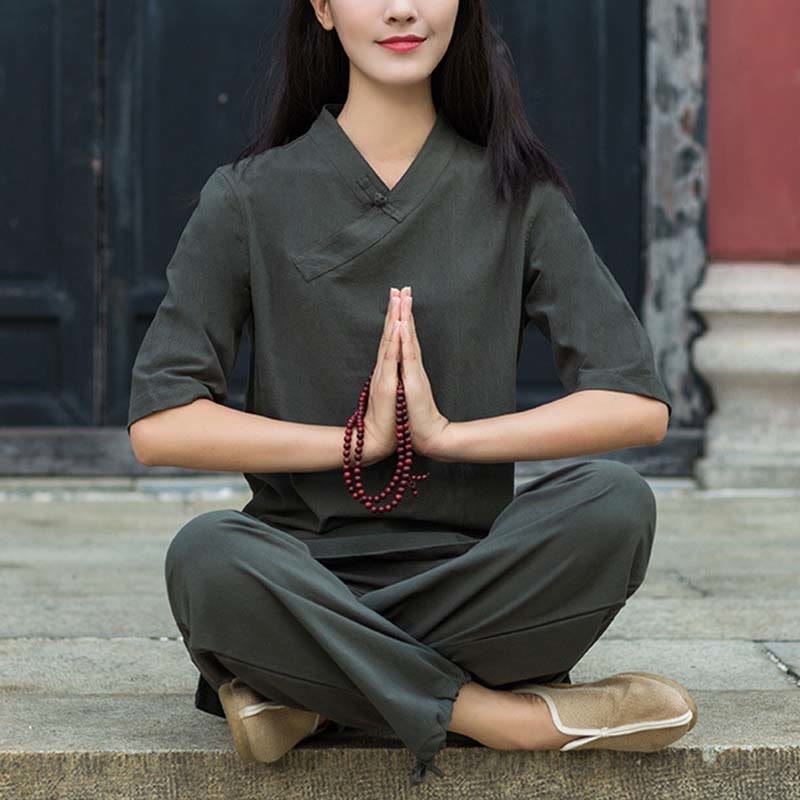 2Pcs Half Sleeve V-Neck Shirt Top Pants Meditation Zen Tai Chi Linen Clothing Women's Set