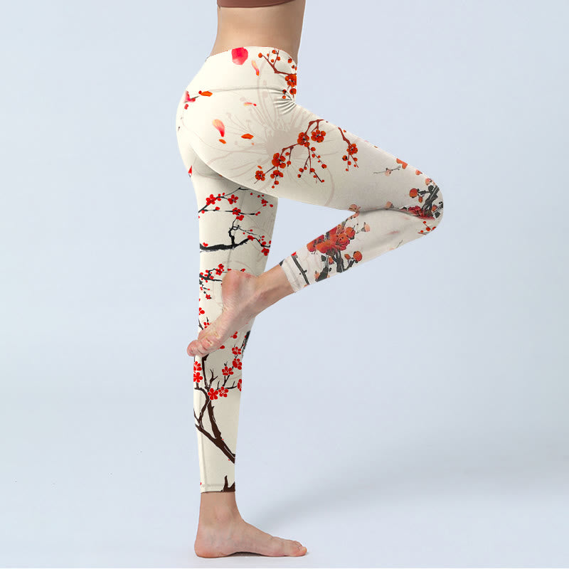 Blooming Red Plum Blossoms Print Gym Leggings Women's Yoga Pants