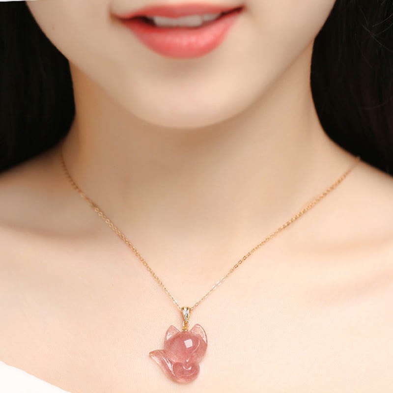 14k Gold Plated 925 Sterling Silver Strawberry Quartz Fox Healing Necklace Pendant