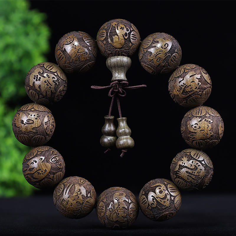 Chinese Zodiac Rosewood Ebony Boxwood Copper Coin PiXiu Carved Warmth Bracelet