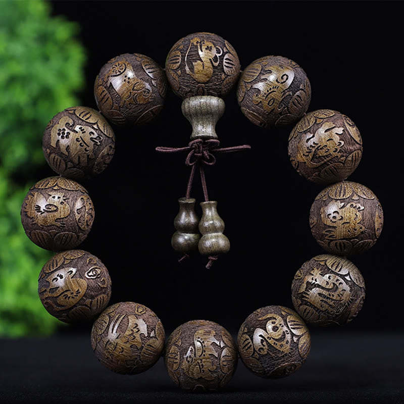 Chinese Zodiac Rosewood Ebony Boxwood Copper Coin PiXiu Carved Warmth Bracelet