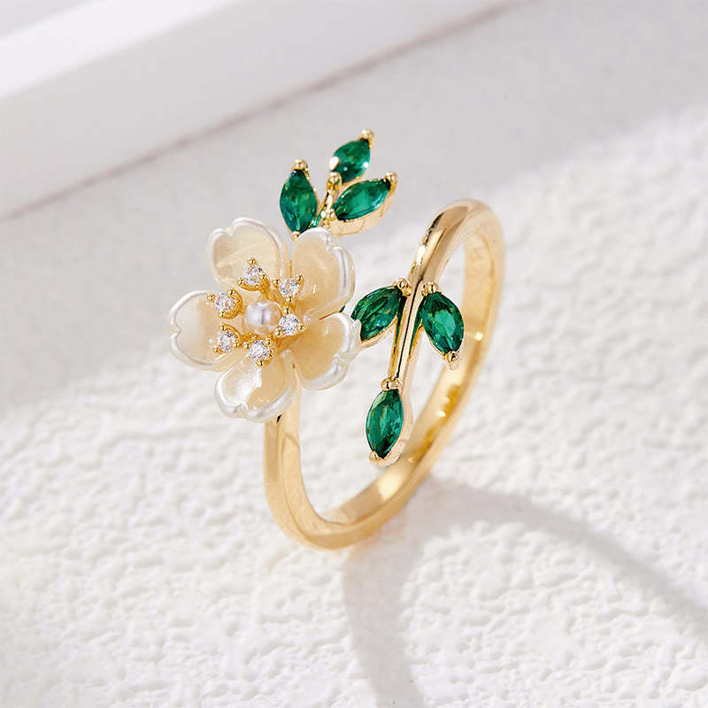 Pearl Flower Zircon Leaves Happiness Wealth Adjustable Ring