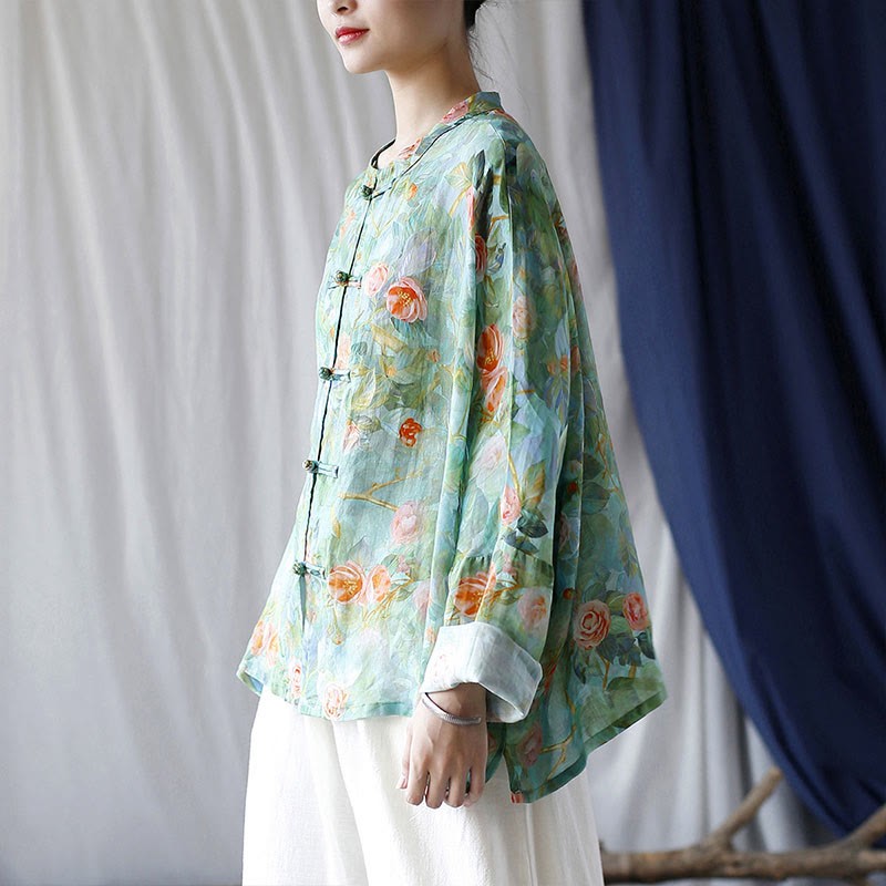 Pink Flowers Green Leaves Print Frog-button Design Long Sleeve Ramie Linen Jacket Shirt