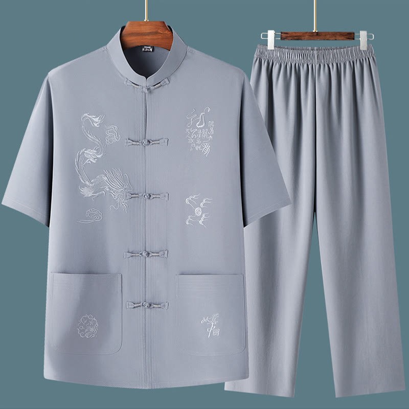 Tang Suit Hanfu Chinese Dragon Traditional Kung Fu Uniform Short Sleeve Tops and Pants Clothing Men's Set