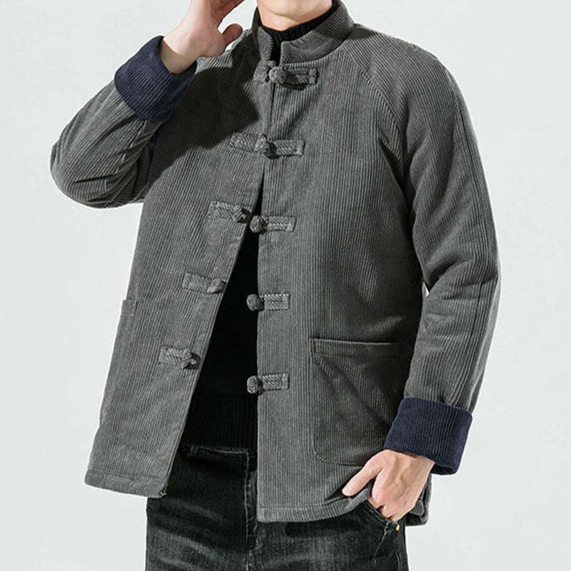 Frog-Button Chinese Tang Suit Stand Collar Long Shirt Corduroy Men Cotton Jacket Clothing