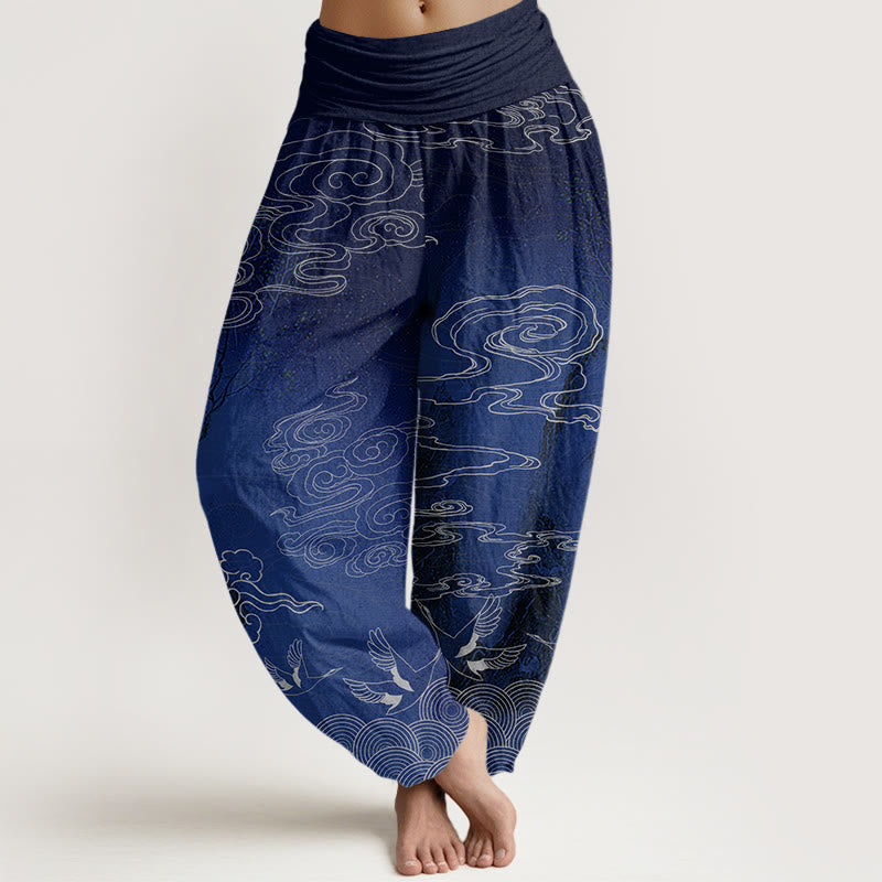 White Auspicious Clouds Birds Tree Pattern Women's Elastic Waist Harem Pants