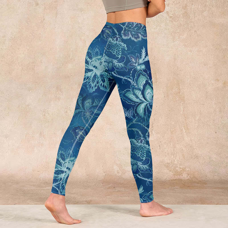Blue Flowers Print Sports Fitness Leggings Women's Yoga Pants