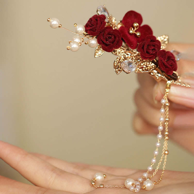 Retro Chinese Style Red Camellia Flower Tassel Side Hair Clip