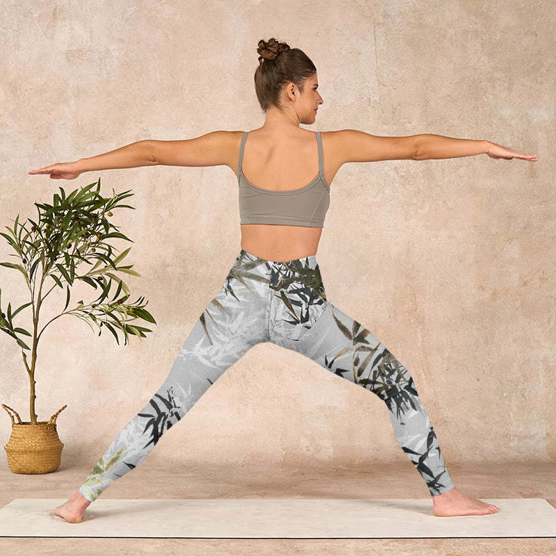 Dark Gray Bamboo Leaves Print Gym Leggings Women's Yoga Pants