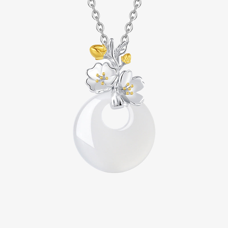925 Sterling Silver Round Chalcedony Twelve Months Flower Harmony Necklace Pendant