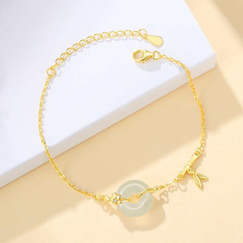 925 Sterling Silver Hetian Jade Chalcedony Peace Buckle Bamboo Leaf Prosperity Chain Bracelet