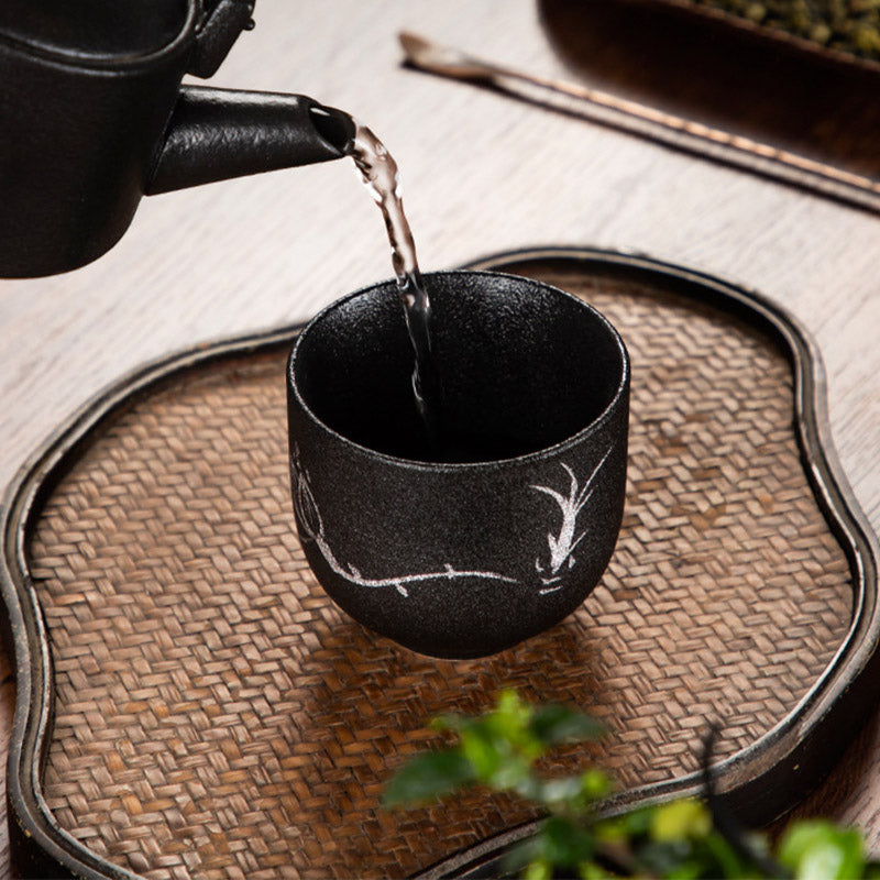 Hand Painted Lotus Flower Bamboo Chrysanthemum Black Pottery Ceramic Teacup Kung Fu Tea Cup 95ml