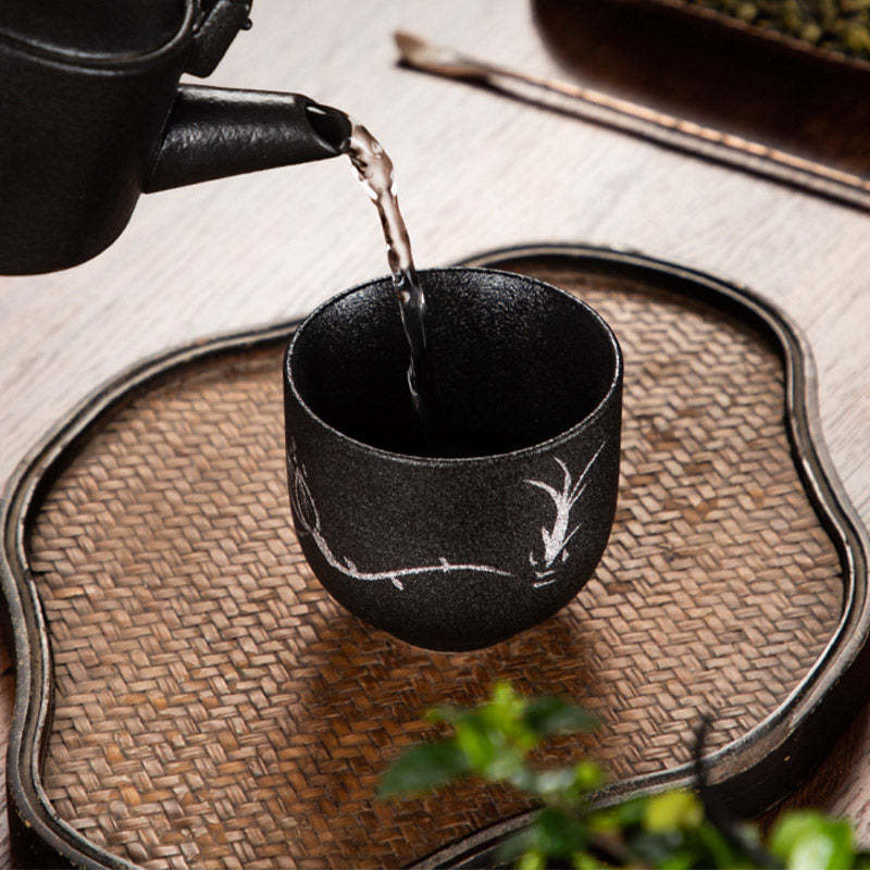 Hand Painted Lotus Flower Bamboo Chrysanthemum Black Pottery Ceramic Teacup Kung Fu Tea Cup 95ml