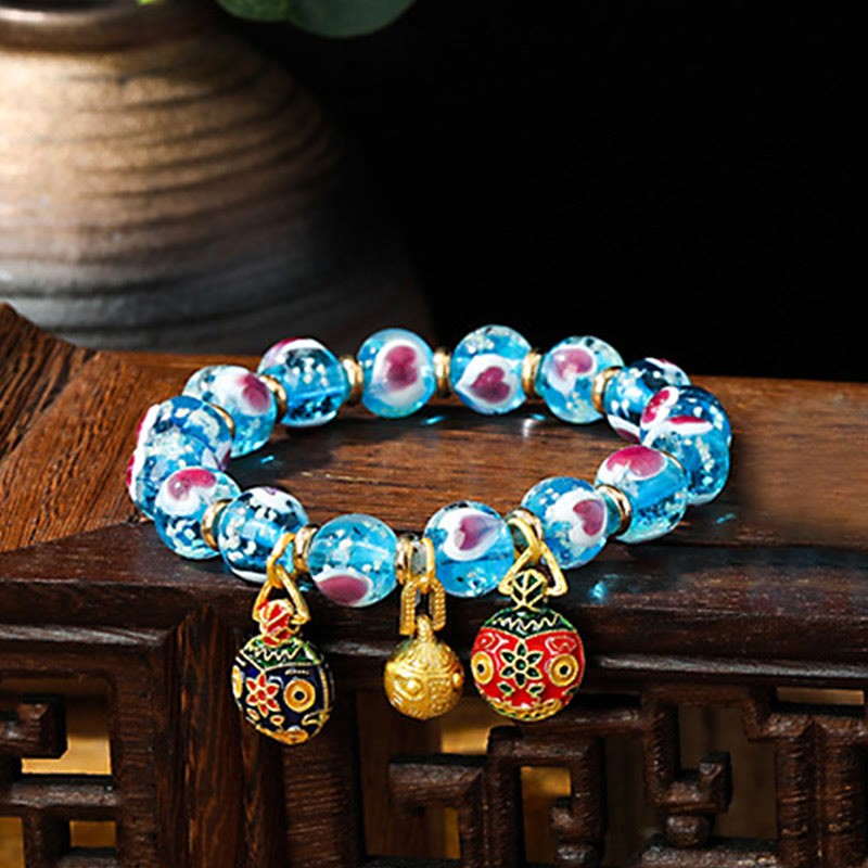 Gold Swallowing Beast Family Pink Love Heart Luminous Fluorescent Liuli Glass Bead Bracelet