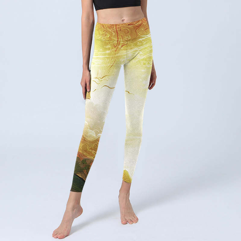 Golden Auspicious Cloud Figure Print Fitness Leggings Women's Yoga Pants