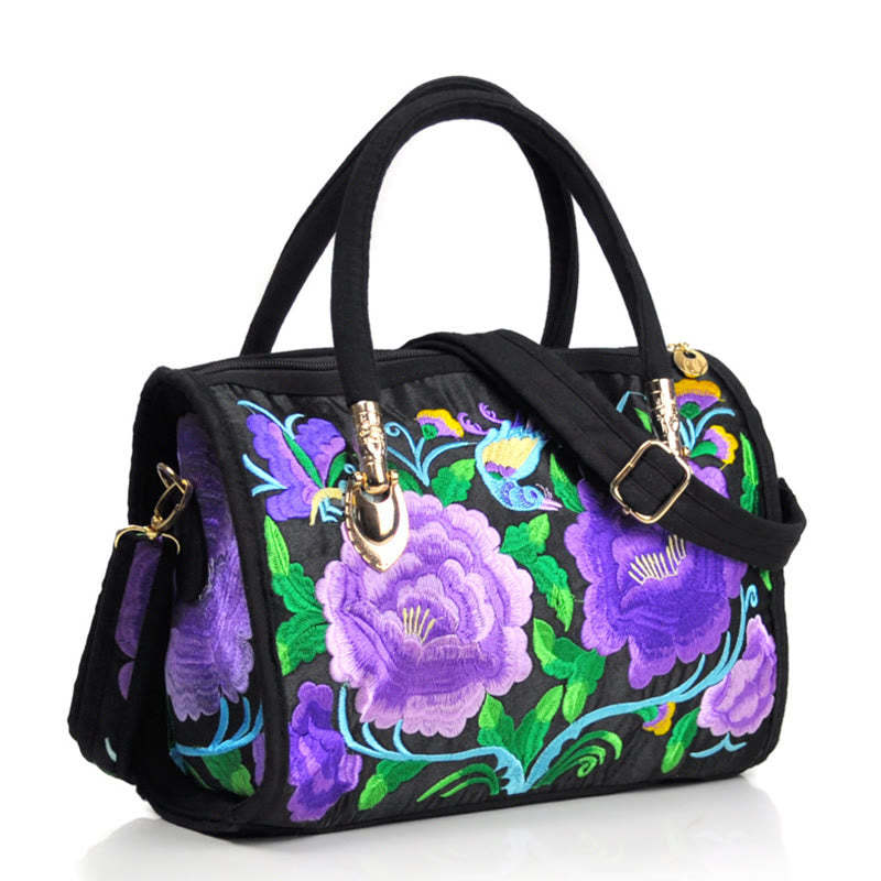 Money Tree Peony Camellia Double-Sided Embroidery Canvas Shopping Purse Handbag Crossbody Bag