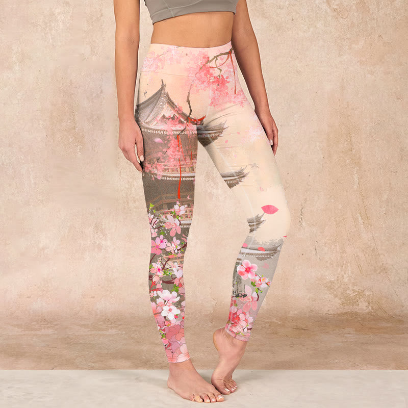 Pink Sakura Antique Building Print Fitness Leggings Women's Yoga Pants