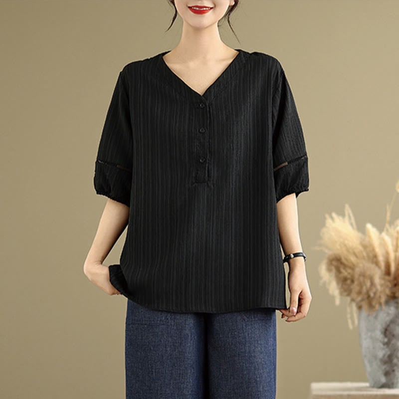 Summer Casual Pure Half Puff Sleeve Half Button V-neck Women's T-Shirt