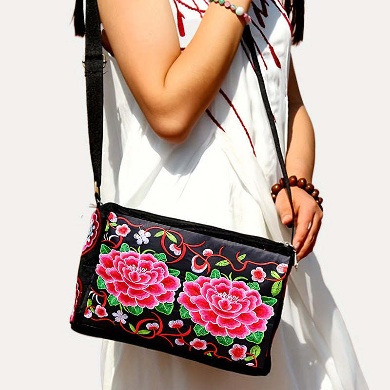 Galsang Inula Flower Peony Peacock Double-Sided Embroidery Canvas Shopping Purse Handbag Crossbody Bag