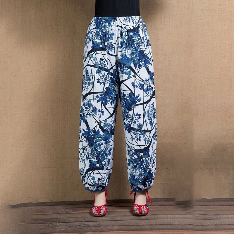 Blue Tree Flowers Print Harem Pants With Pockets